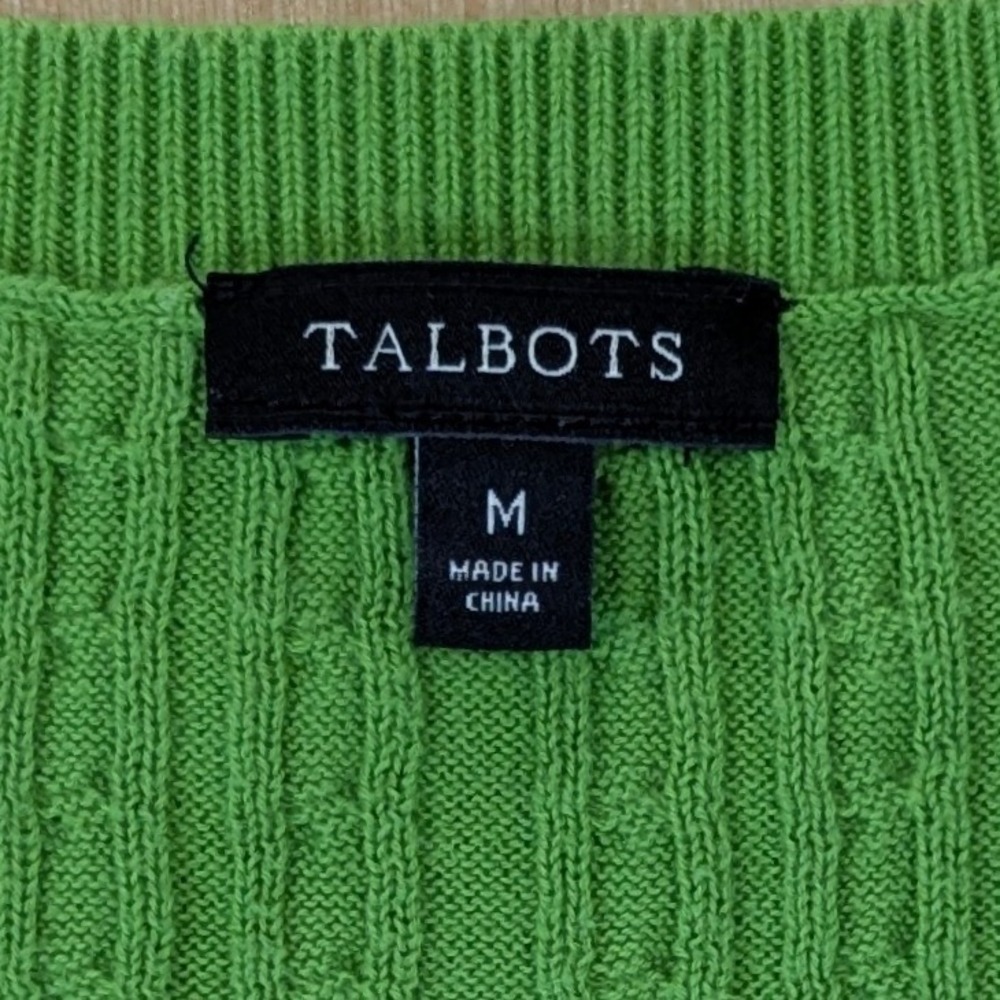 Talbots Preppy Green‎ Cable Knit V-Neck Cotton Sweater Womens Medium 3/4 Sleeve - Picture 2 of 7